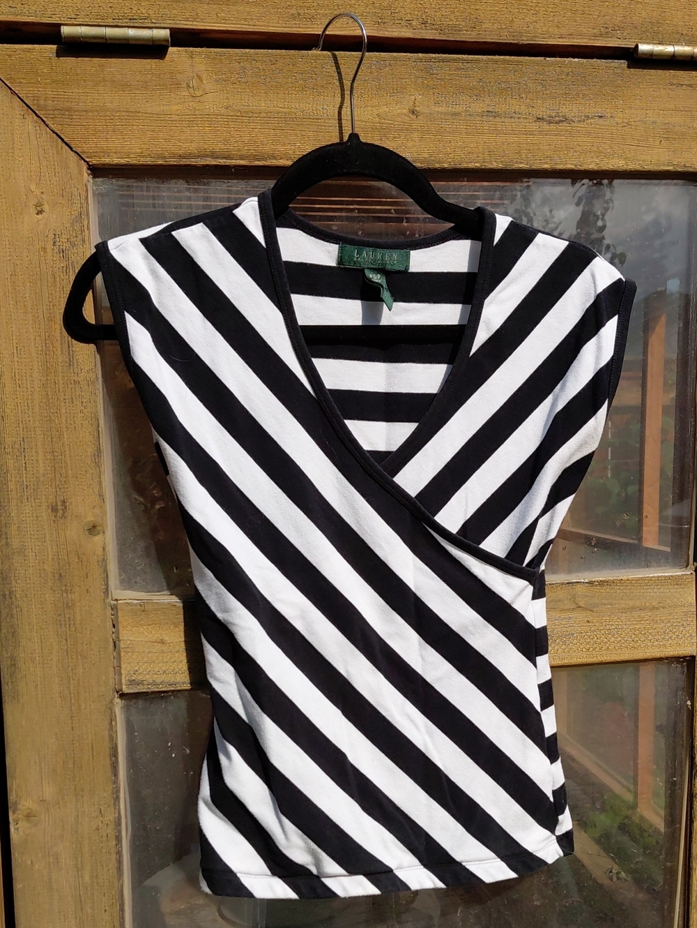 Lauren Ralph Lauren Black and White Diagonal Stripe Wrap Top